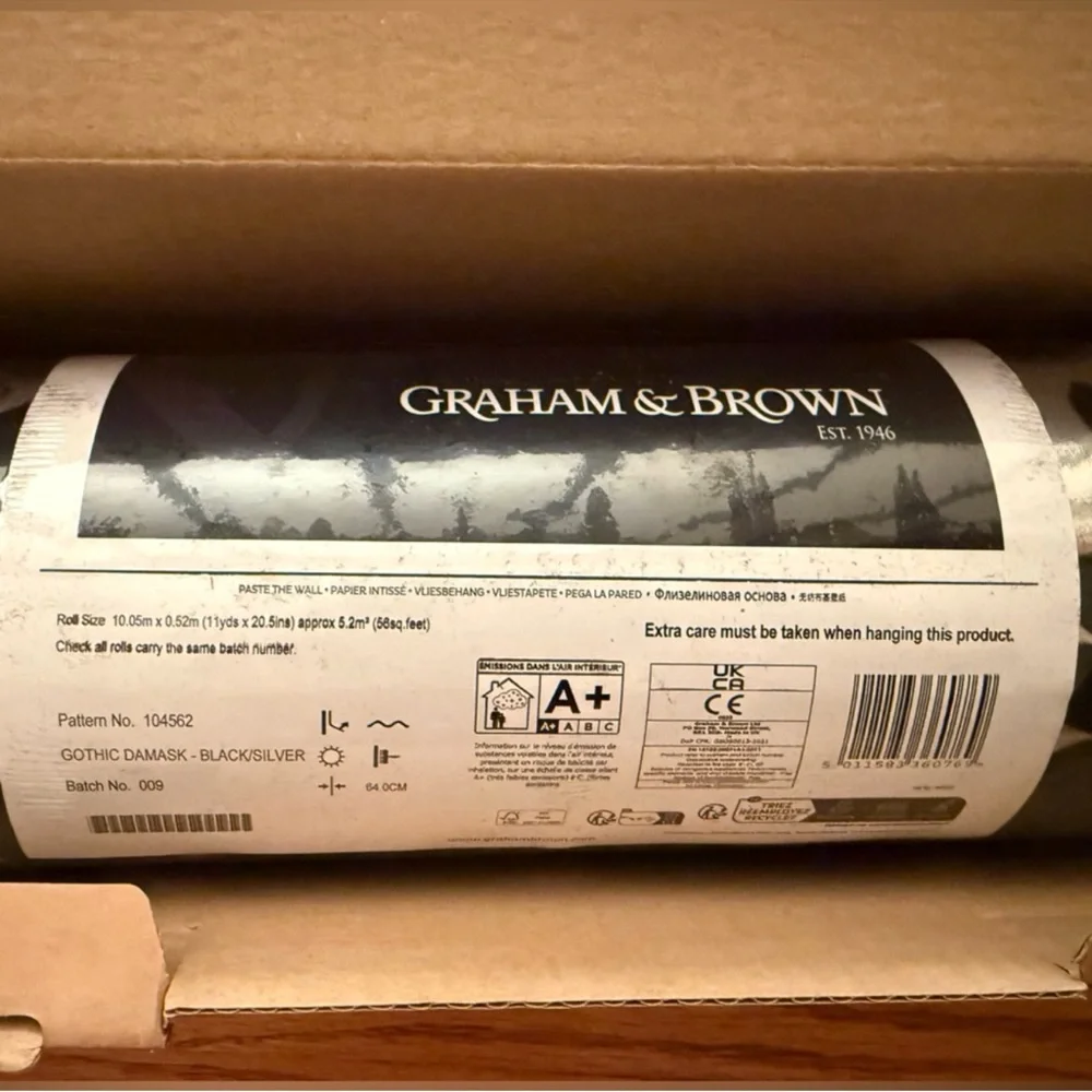 New! Gothic Damask- Black & Silver Flock Wallpaper by Graham & Brown, dbl roll